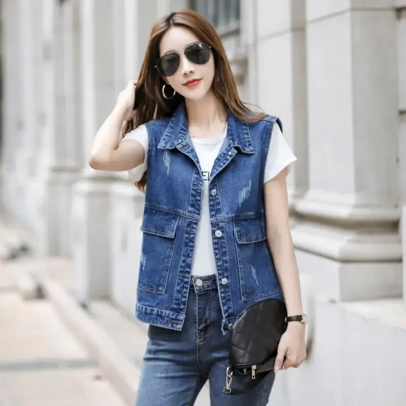 

Ladies Fashion Sleeveless Cardigan Women Vests Female Woman Waistcoat Clothes Girls Casual Beautiful Outerwear Denim Vest 88169