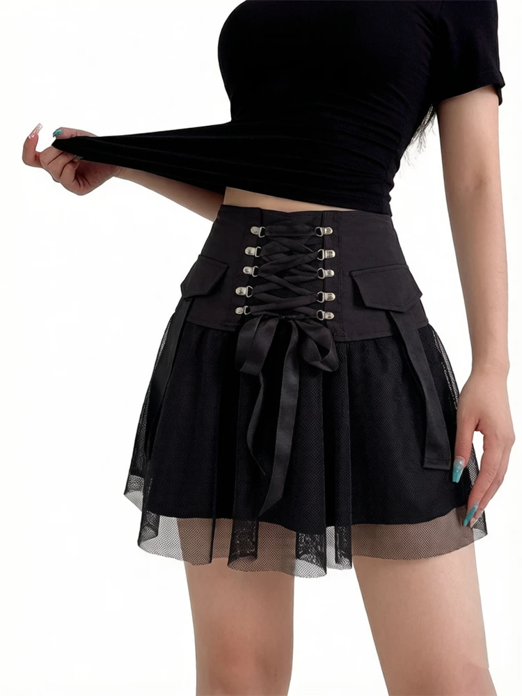 Mesh Patchwork Pleated Skirt Goth Punk Fashion Irregular Hem Short Skirts Alt Mall Gothic Bottoms Y2K Lace-up Streetwear