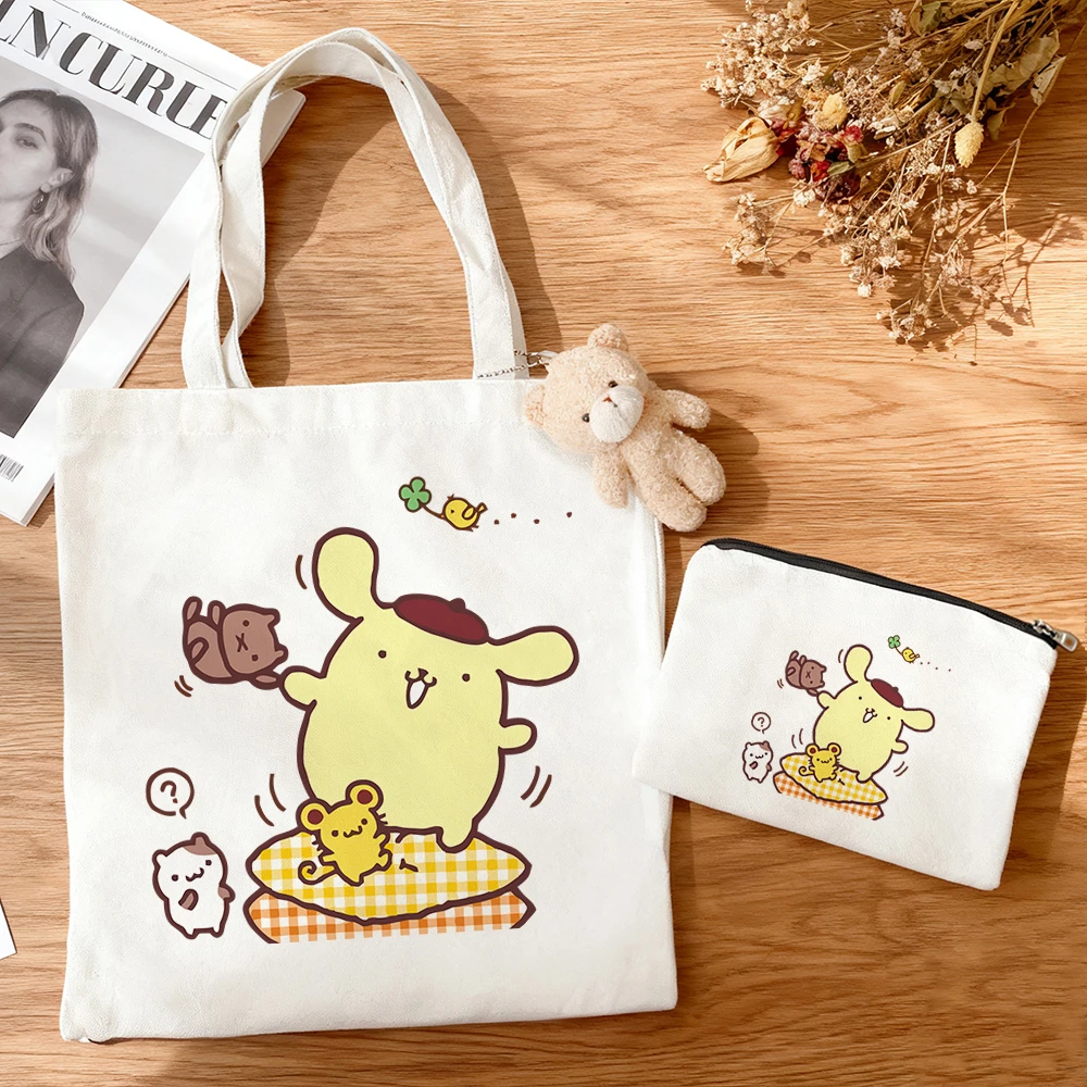 3pcs/set Large Capacity Pom Pom Purin Multi Character Canvas Tote Bag Lovely Sanrio Group Print Anime Eco Reusable Shopping Bag