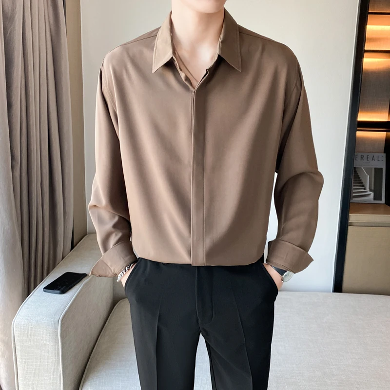 

Summer Men's Long Sve Ice Silk irt Casual Loose Fit High End Feelings Iron Free Stand Sle Youth ular Pure Color