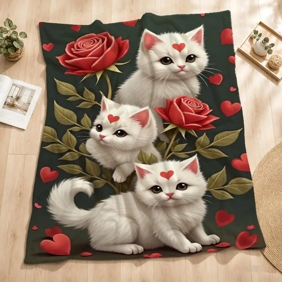 Quirky Kitten And Rose Weighted Blanket - Soft Flannel Throw, Suitable for Sofa, Bed, Office, And Travel, Machine Washable Comfo