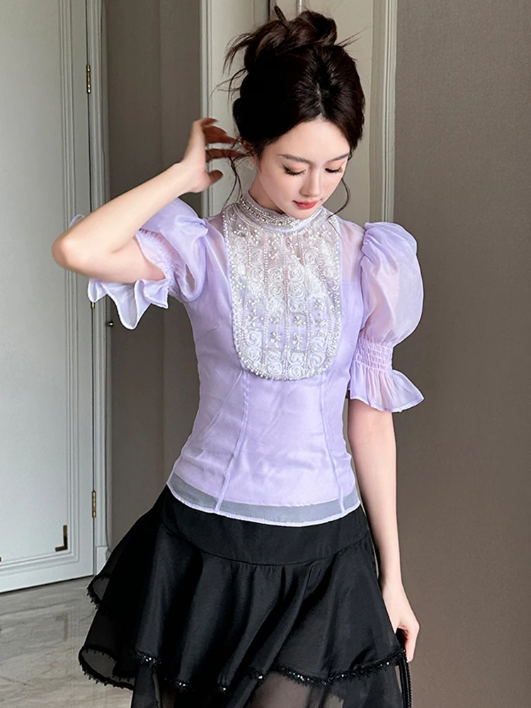 Abbigliamento donna Camicia in chiffon dolce viola con maniche a sbuffo Elegante signora di lusso Sheer Sexy Mujer Slim Top Camicetta casual Moda Estate