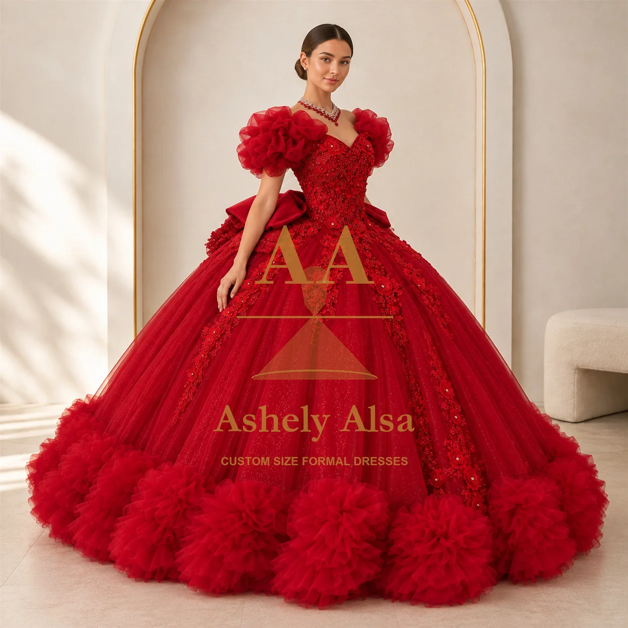Red Quinceanera Dress Sweetheart Floral Puff Sleeves Beaded Corset Ruffle Hem Gown Floor Length Formal Party Custom Size