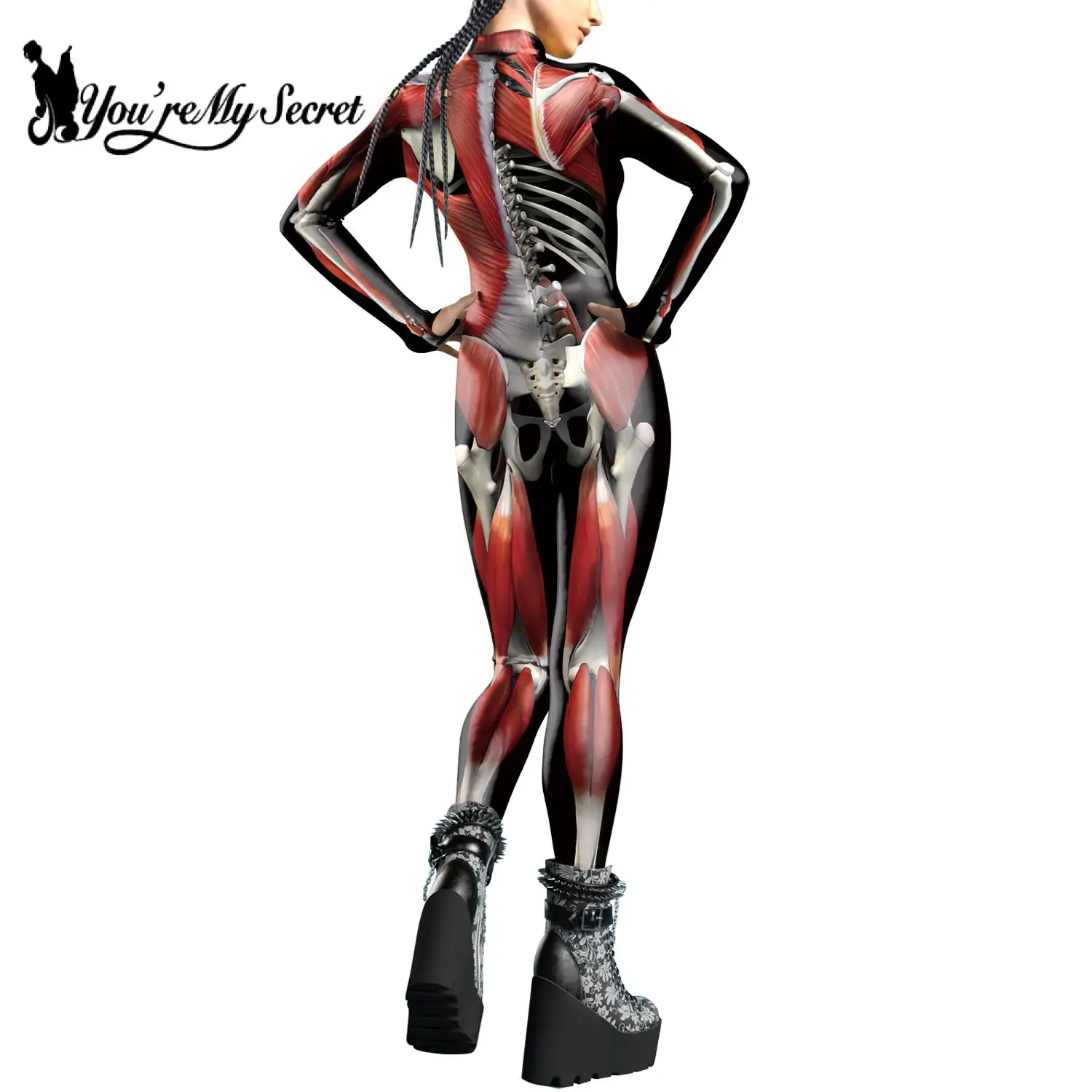 [Je Bent Mijn Geheim] Halloween Kleurrijke 3d Skelet Vrouwen Bodysuits Zentai Jumpsuit Front Rits Cosplay Kostuum Voor Vrouwelijke Outfit