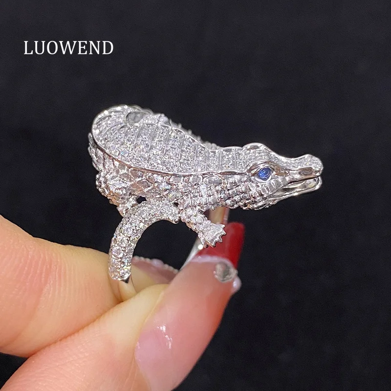 LUOWEND 100% 18K White Gold Rings Real Natural Diamond Engagement Ring Luxury Crocodile Shape High Party Jewelry for Women