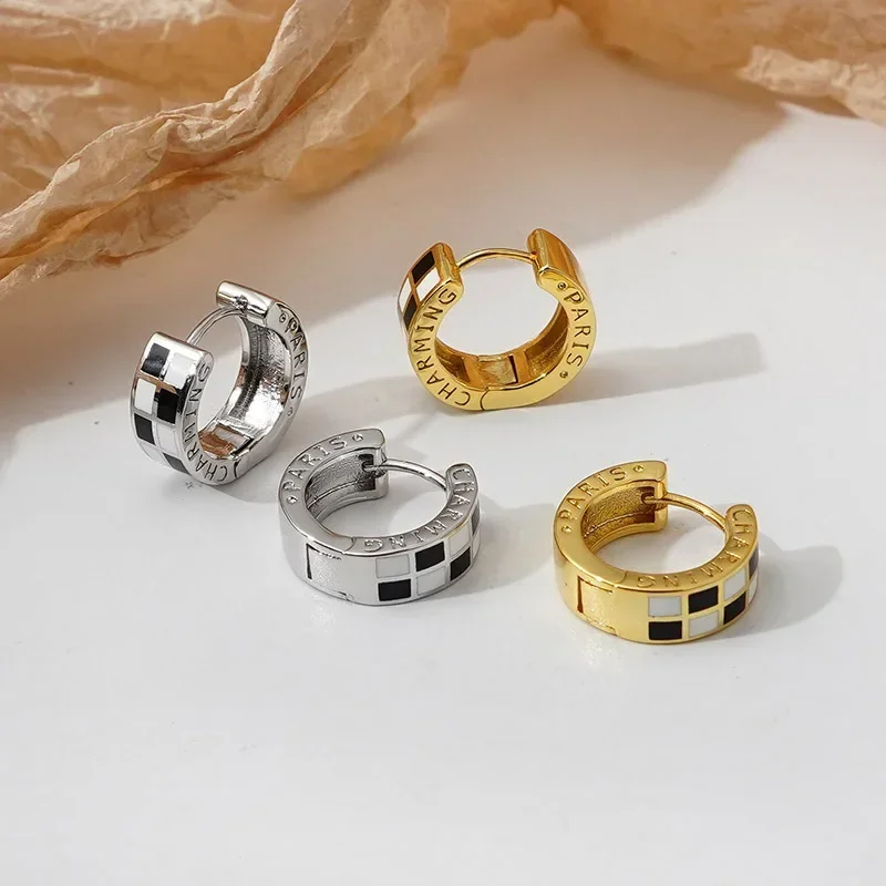 

Silver Gold Plated Checker Print Hoop Earrings for Women Girls