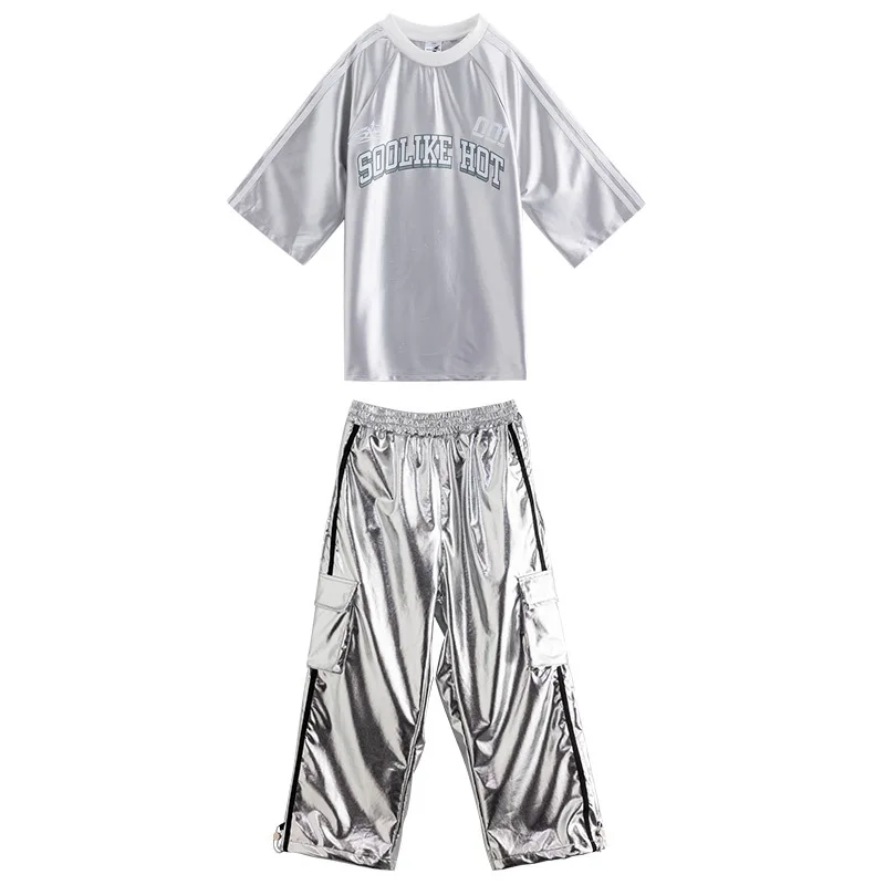 Cool Style Boys\' Clothes Children\'S Silver Long Sleeve T-Shirt Silver Trousers 2-Piece Set Boys\' Hip-Hop Street Girl  Suit