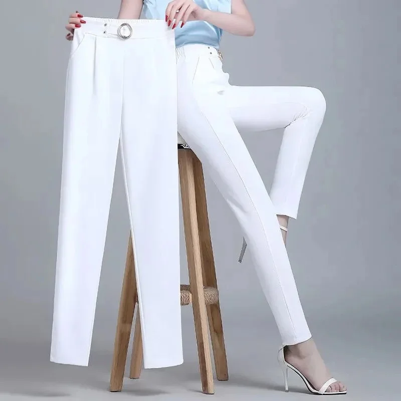 Pendant Pants Ice Silk Harem Pants Women 2025Spring Summer Thin Fashion High Waist Trousers Top-Grade Nine-Point Suit Pants Lady