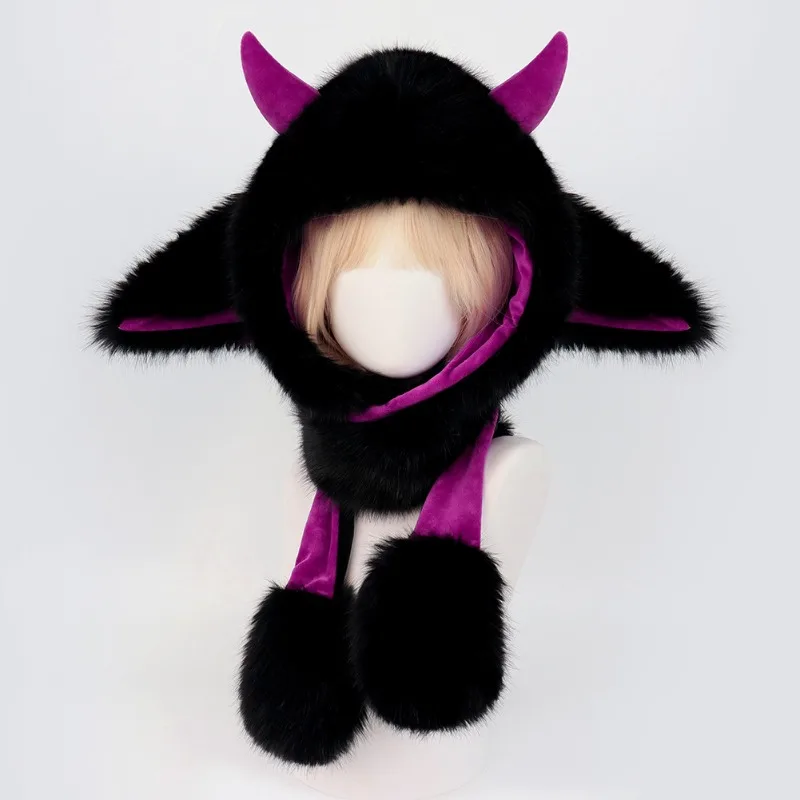 Unisex Faux Fur Ox Horns Hat Animal Ear Plush Hat Animal Party Cosplay Hooded Earflap Hat Windproof Ear Protection Cartoon Cap