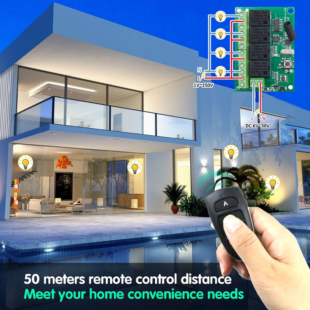 CENFAYA DC 12V 24V 4CH Wireless Remote Control Switch DC 5-80V 10A 4-Channels 433Mhz Radio Frequency Relay Receiver for Lights