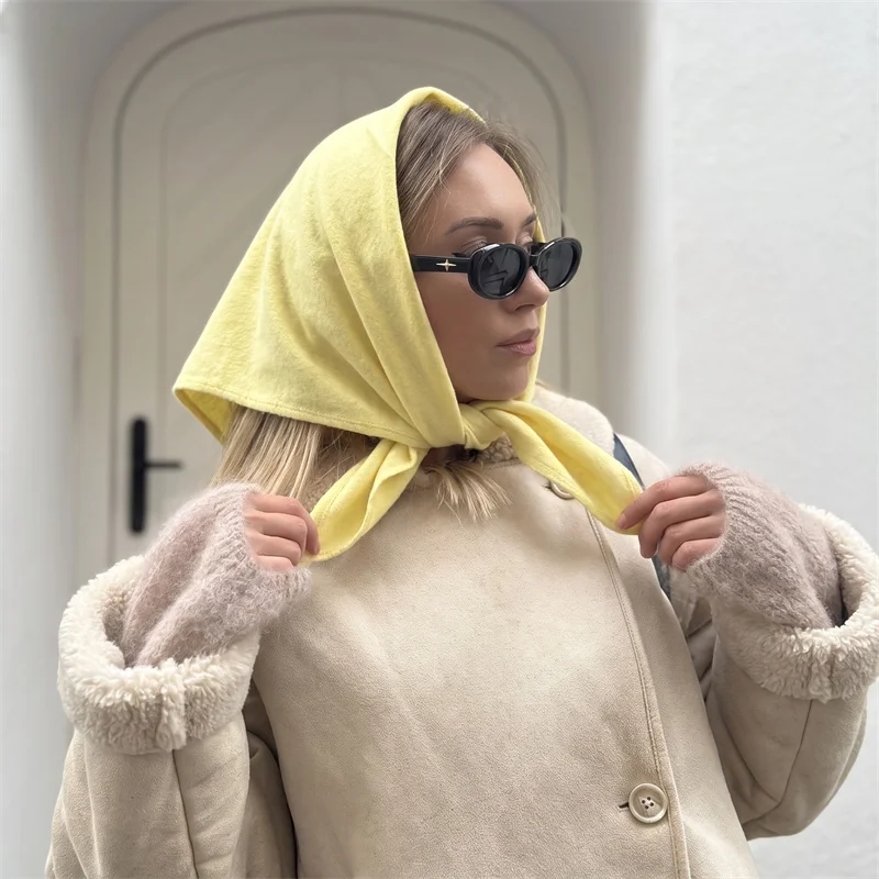Womens Multi Wear Triangular Scarf Wool Blend Butter Yellow Plain Hue Soft Head Wrap Light Thermal Shawl For All Occasions