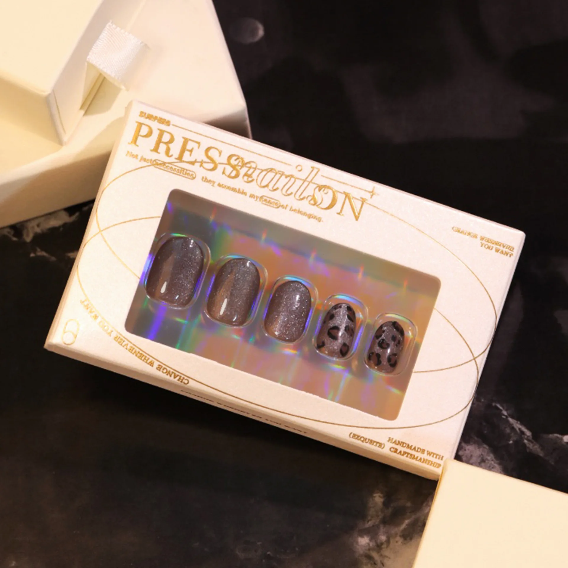 24 قطعة رمادي داكن ليوبارد طباعة عيون القط اضغط على مسمار قصيرة القطع الناقص الاصطناعي الأظافر وهمية سلس للإزالة أظافر صناعية