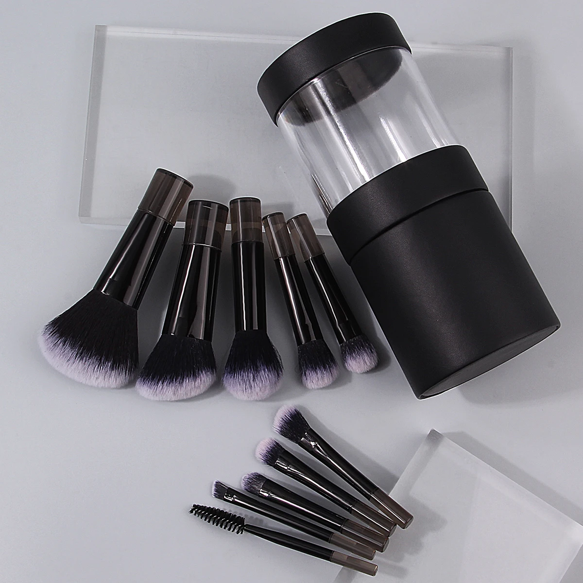 10 個の柔らかい毛のミニメイクブラシ多目的メイクアップセット + 1 個の大容量カバー付きメイクブラシ収納バケツ