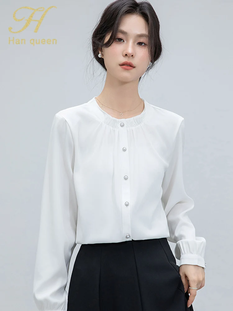 

H Han Queen Autumn Tops Female Long Sleeve Casual Shirt Chic Korean Popular Clothes Loose Women Simple Office White Blouses 2025