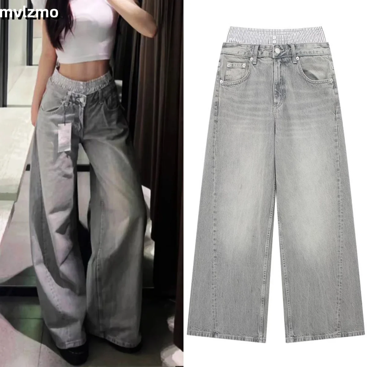

Waisted jeans Women's autumn new button full-length wide-leg jeans fashion retro Y2K light grey loose trousers