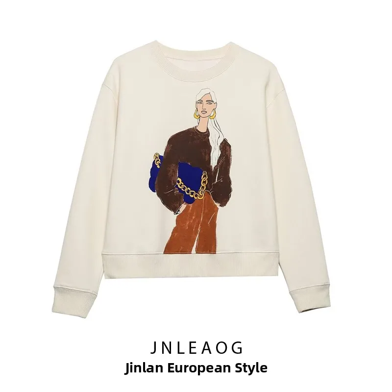 JNLEAOG Autumn New Faionable Street Sle Long Sve round Ne Girl's Printed Sweatirt Polyester Fiber Ladies' Sweater