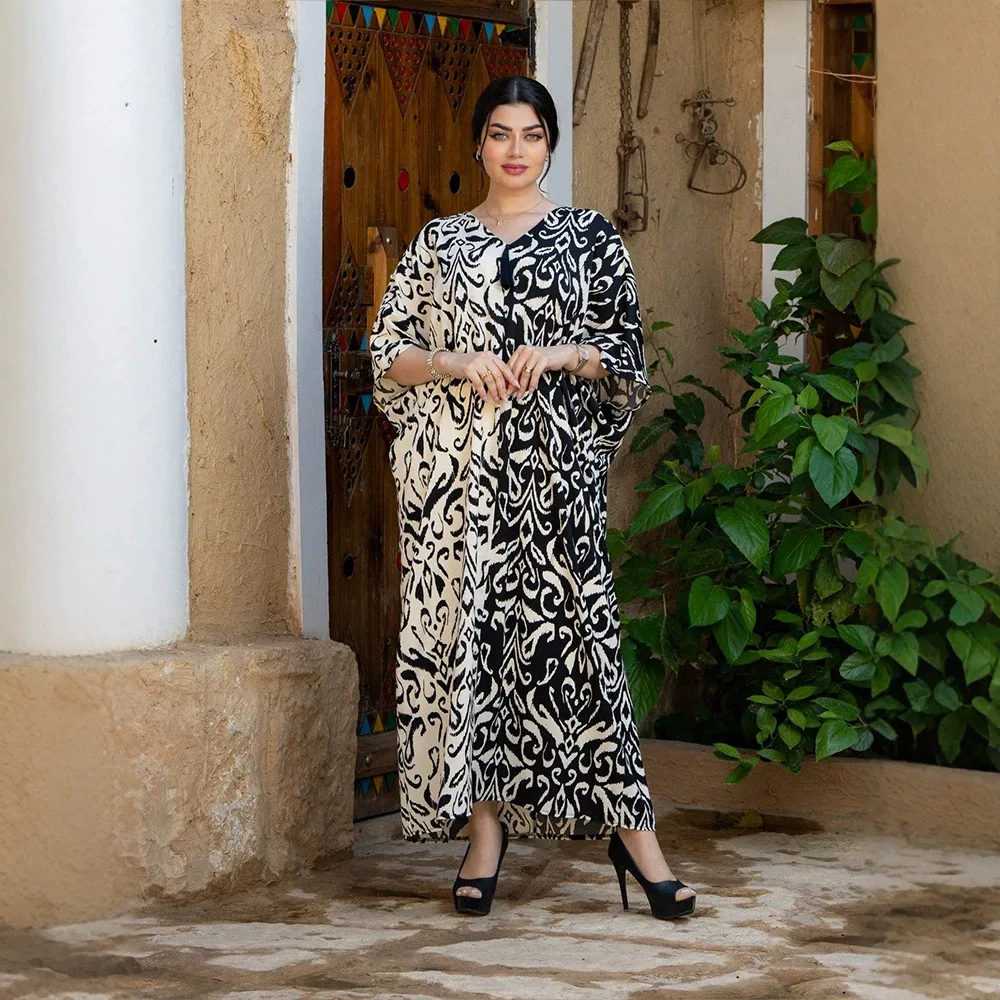 

Ky1342 Spring/summer Women's V-neck Fashion Printed Dress, Beach Vacation Dress, Loose Casual Long Dress Islam Elegant