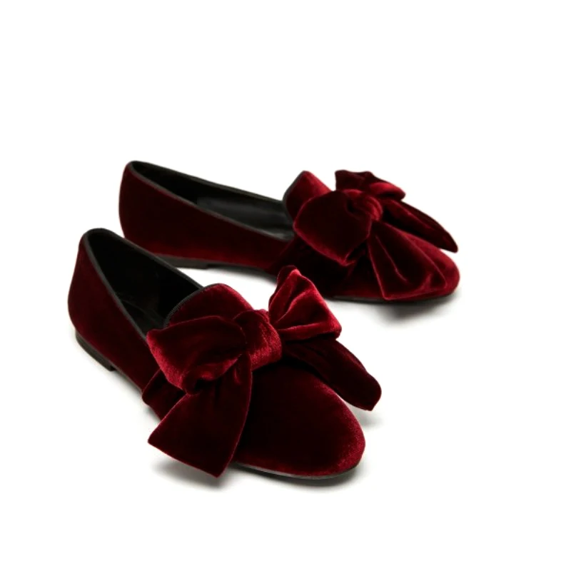 

Fashion Big Bowtie Claret-Red Velvet Loafer Shoes Butterfly Knot Flats Shoes Woman Comfortable Slip On Single Shoes