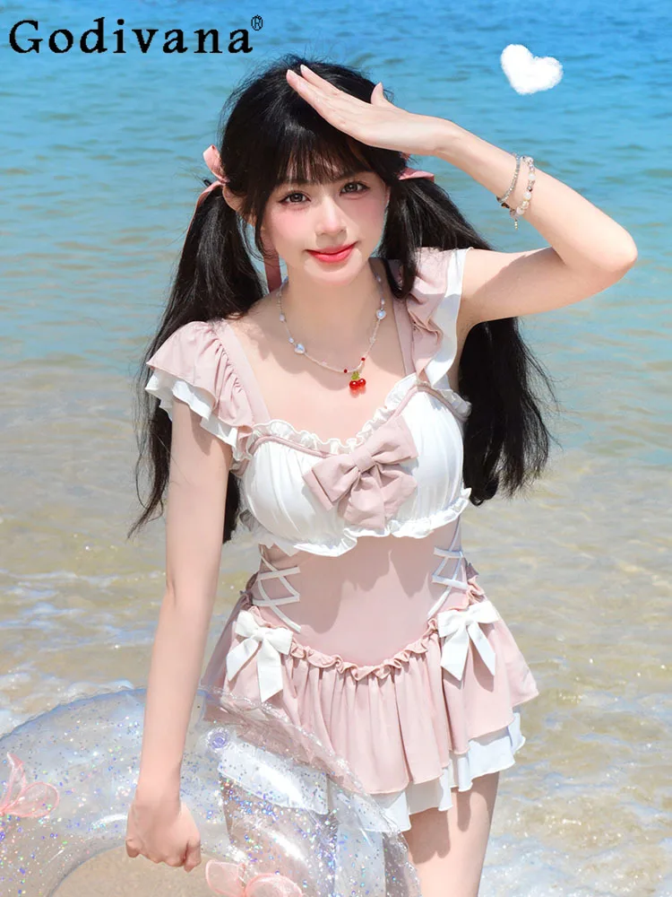 Bow Lace-up Ruffles One-Piece Fashion Swimsuit Sweet Cute Student Beach Vacation Hot Spring Bathing Suit  Women Casual Swimwear