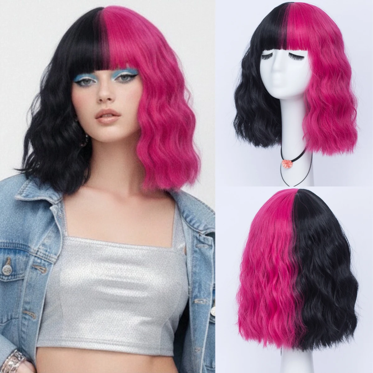Kurze zweifarbige schwarz-rosa Perücke, Cosplay-Bob-Perücke, synthetische gewellte lockige Perücke mit Pony für Frauen, für den Alltag, Party, hitzebeständig