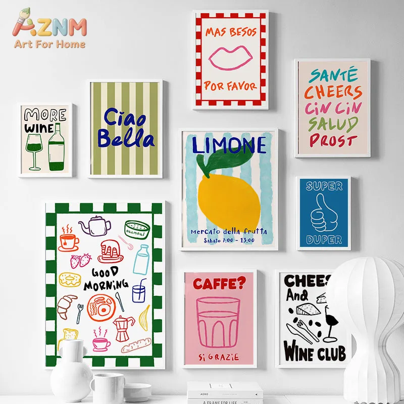AZNM Colorful Retro Italian Style Canvas Print Lemon Wine Coffee Food Fun Quote Striped Kitchen Decor Unframed Wall Poster Art