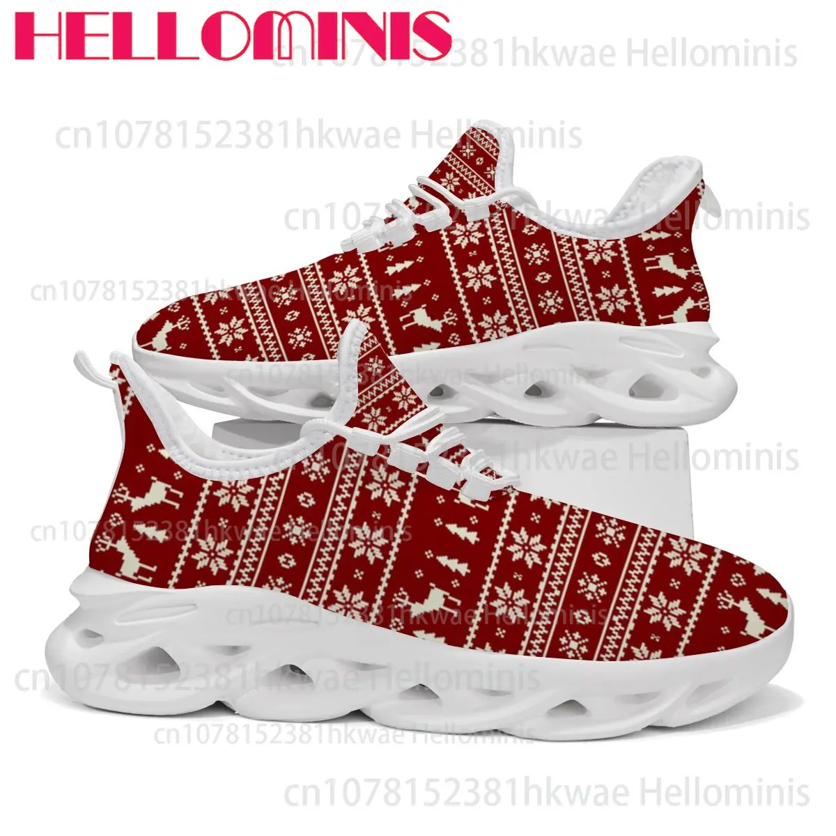 Christmas Fleece Lined Knit Sneakers Unisex Winter Xmas Snowflake Reindeer Pattern Warm Daily Casual Shoes Red