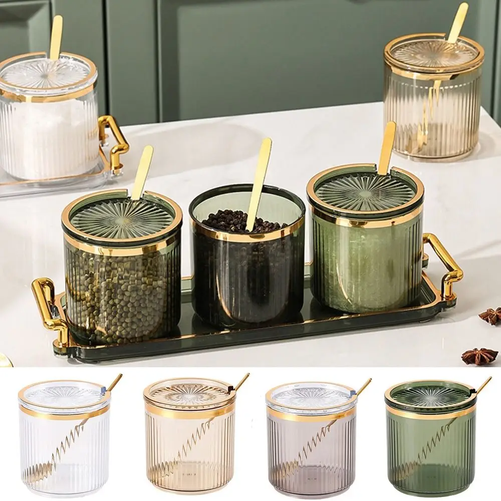 Transparent Condiment Jar Stripe Plastic Spice Container with Spoon and Lid European Style Seasoning Storage Jar Kitchen