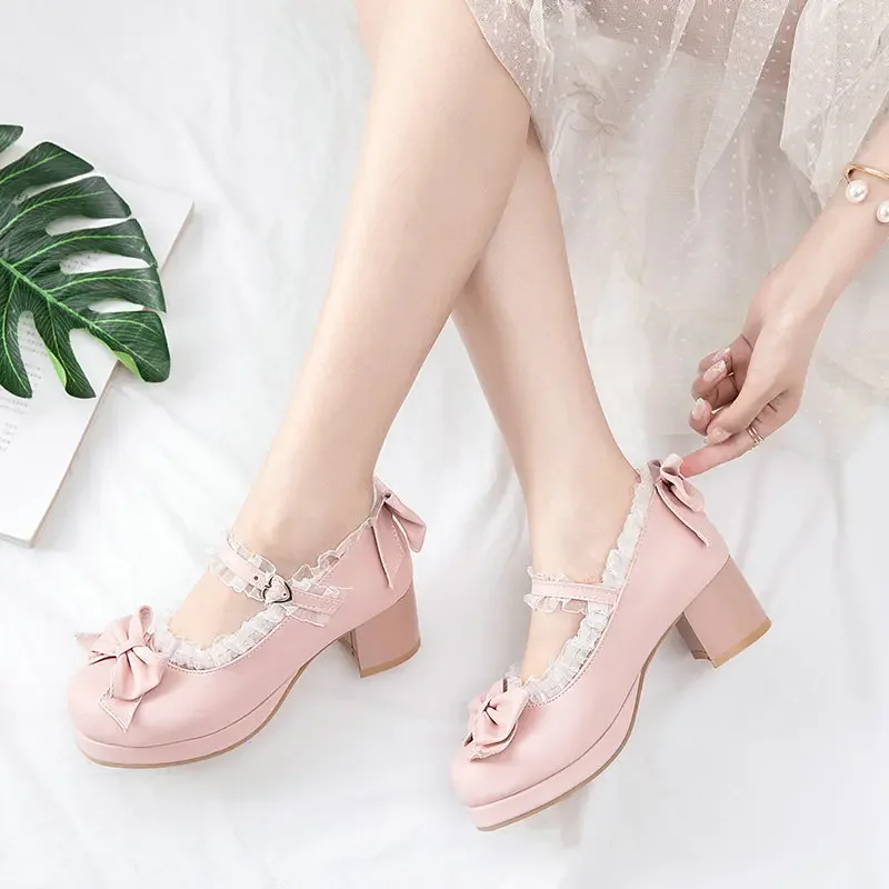 Girls Sweet Lolita Ruffles Bowknot Lace Bridal Wedding Shoes Women High Heel Bordered Princess Dress Men Pink Plus Size 34-48 view 5