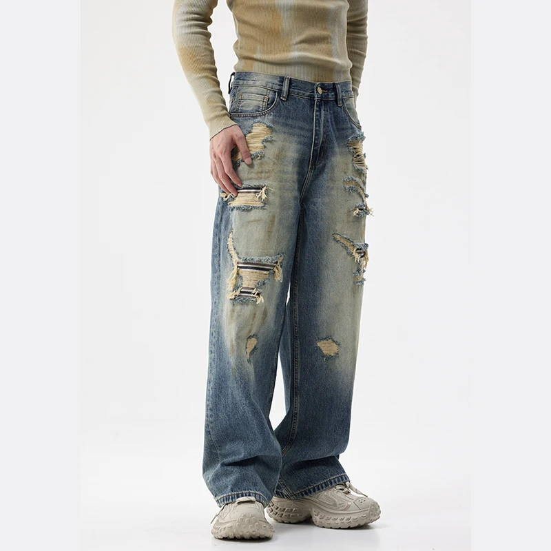 American autunno e inverno nuovi jeans da uomo patch foro personalizzato patch sciolto grande dritto lavato tendenza pantaloni sporchi pantaloni da