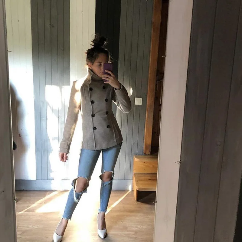 Stand Collar Winter Jacket for Women Double Breasted Pockets Coat Slim Waist Cinched Outwear 2025 New Fashion Lady Woolen Coats
