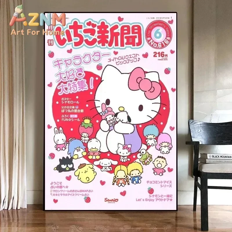AZNM Sanrio Strawberry News Canvas Wall Art Frameless Poster Hello Kitty My Melody Cinnamoroll Magazine Cover Print Room Decor