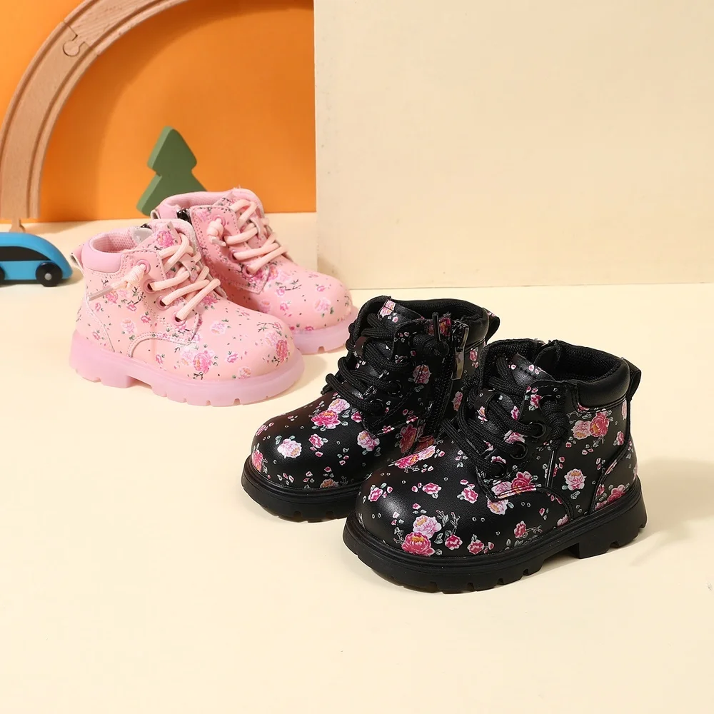 

2025 New Autumn Baby Boots For Girls Flower Leather Ankle Boots Rubber Sole Zip Side Fashion Toddler Kids Boots 15-25