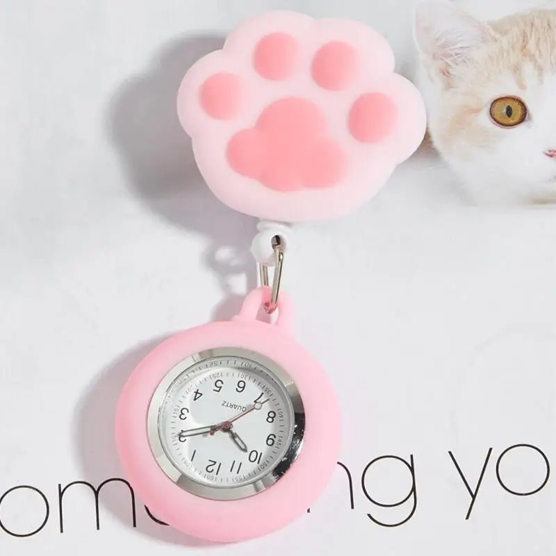 Cartoon Cat Paws Design Nurse Fob Watch with Stretchable Clip Unique Pocket Watch for Doctors Medical Students And Professionals