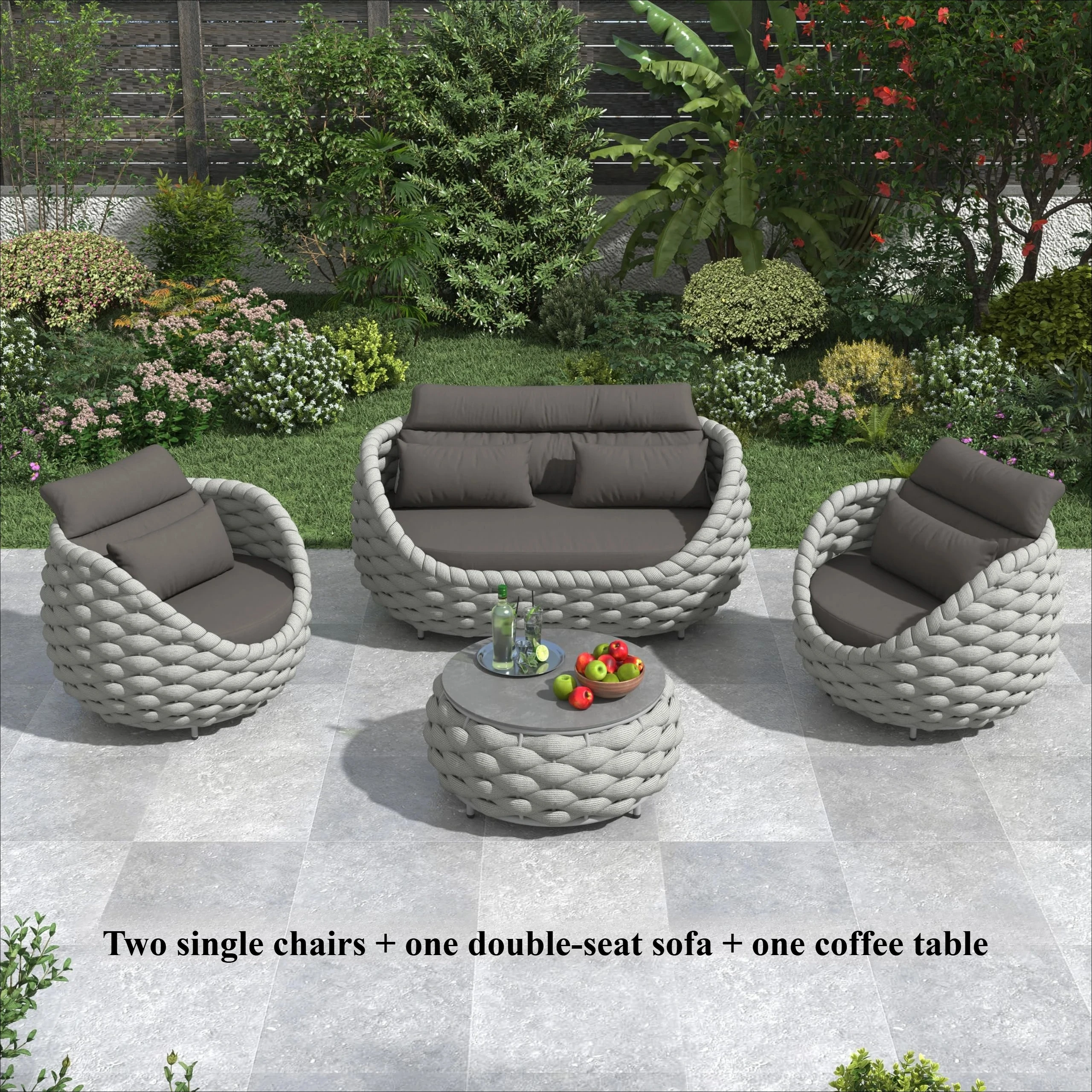 Tuinstoelenset van geweven touw, aluminium tuinmeubilair, 2-delige set met kussens, fauteuil en tafel, geschikt voor balkon, tuin, veranda, zwembadterras