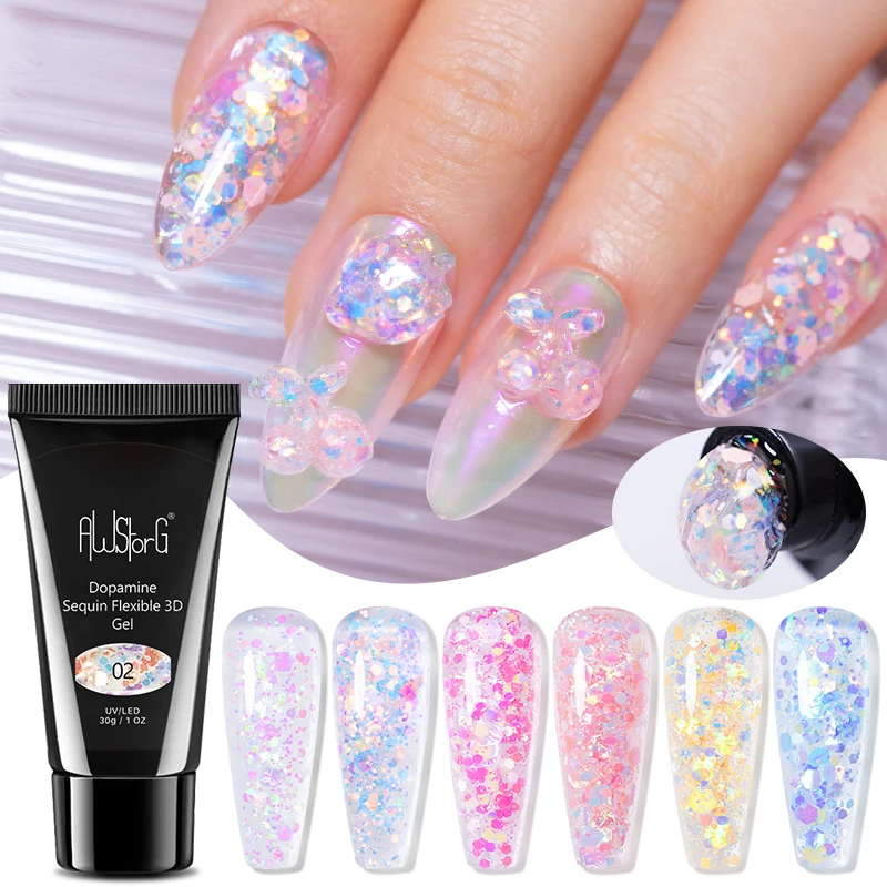 AWStorG Dopamine 3D Flexible Builder Gel Holographic Glitter Sequins UV LED Gel DIY Cherry Nail Extension Salon Manicure Supplie