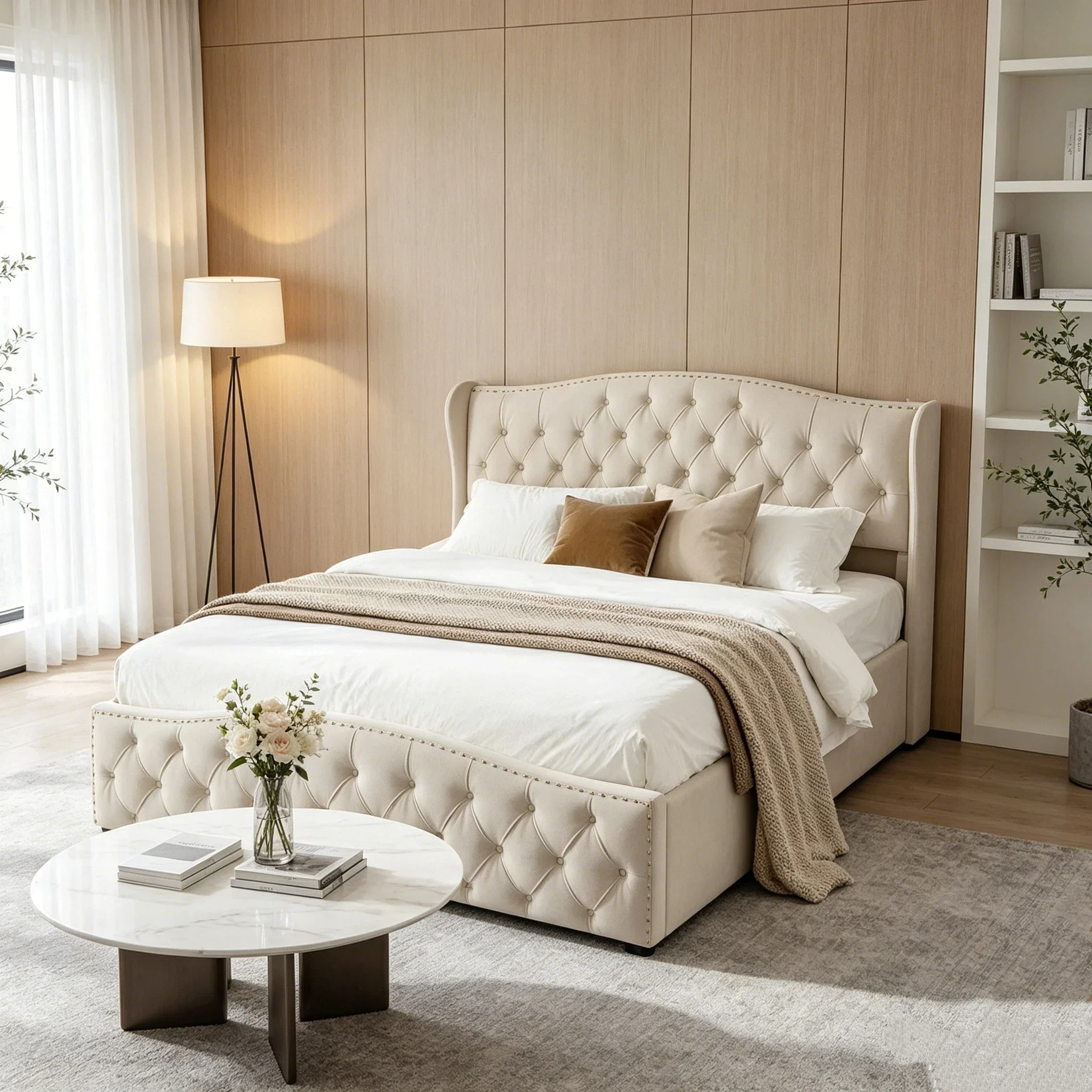 Fangange Polsterbett mit Wellenmuster-Kopfteil, 140/160x200cm, Weiches Grau/Beige, Robuste Metallkonstruktion, Ohne Matratze, 140/160x200cm