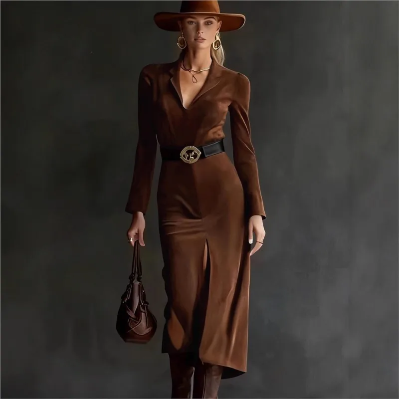 Autumn Winter New Warm Suede Dress For Women Retro Solid V-neck Split Hem Design Dresses Ladies Fashion High Waisted Vestidos