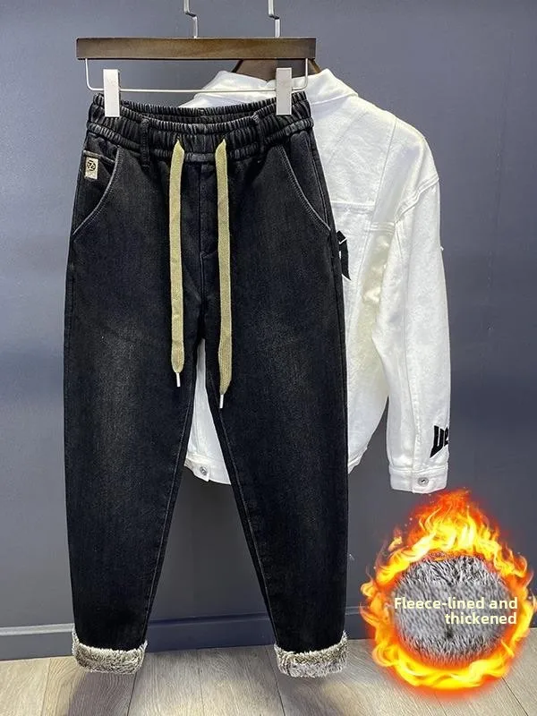 

Men's Drawstring Elastic Waist Fleece Lined Casual Jeans Autumn Winter Wear Resistant Fashionable Well Matched Loose Fit