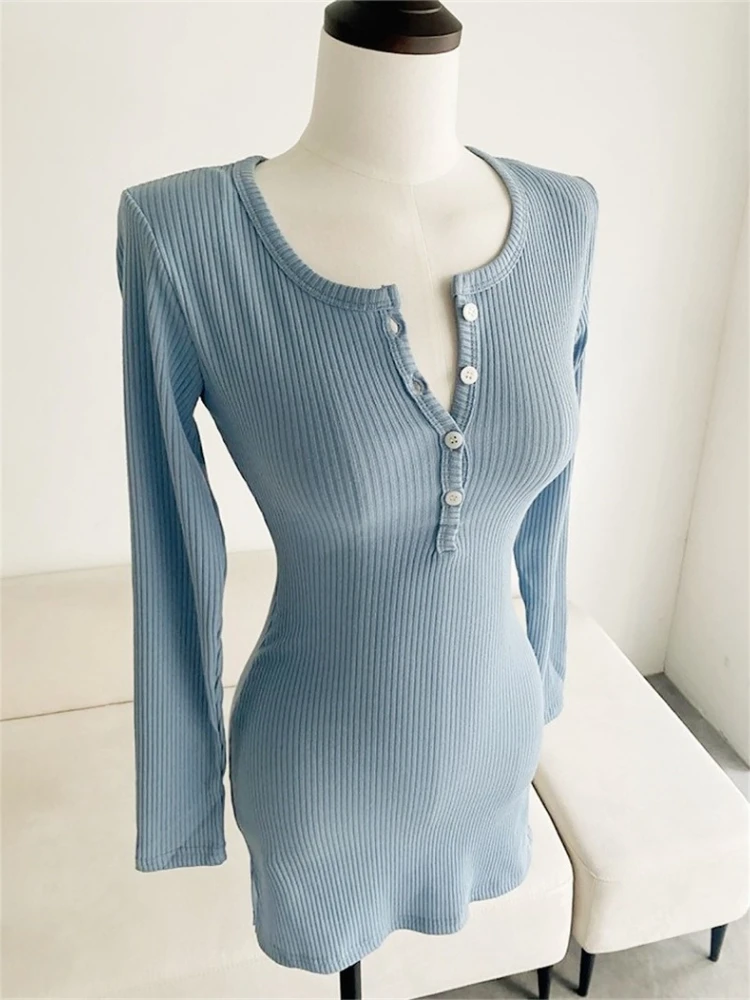 Mini robe pour femmes, col en V, boutons, pull Sexy, élégante, moulante, col mi-ouvert, couleur unie, manches longues, printemps automne 2026