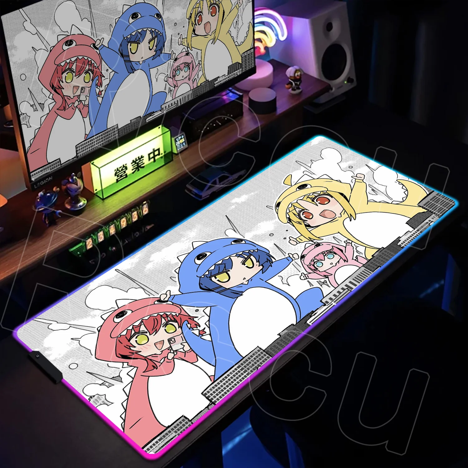 400x900mm LEDライトマウスパッドPCカーペット、バックライト付き「ぼっち・ざ・ロック！」アニメガール柄、RGBゲーミング発光キーボードマットアクセサリー