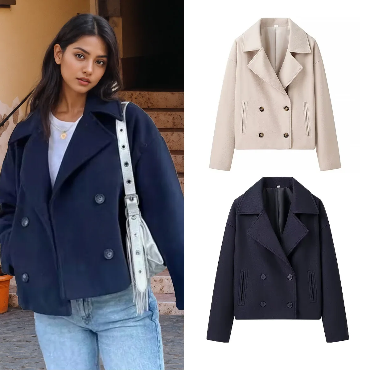 معطف نسائي لخريف وشتاء 2025 معطف صوفي قصير مزدوج الصدر مزدوج الصدر