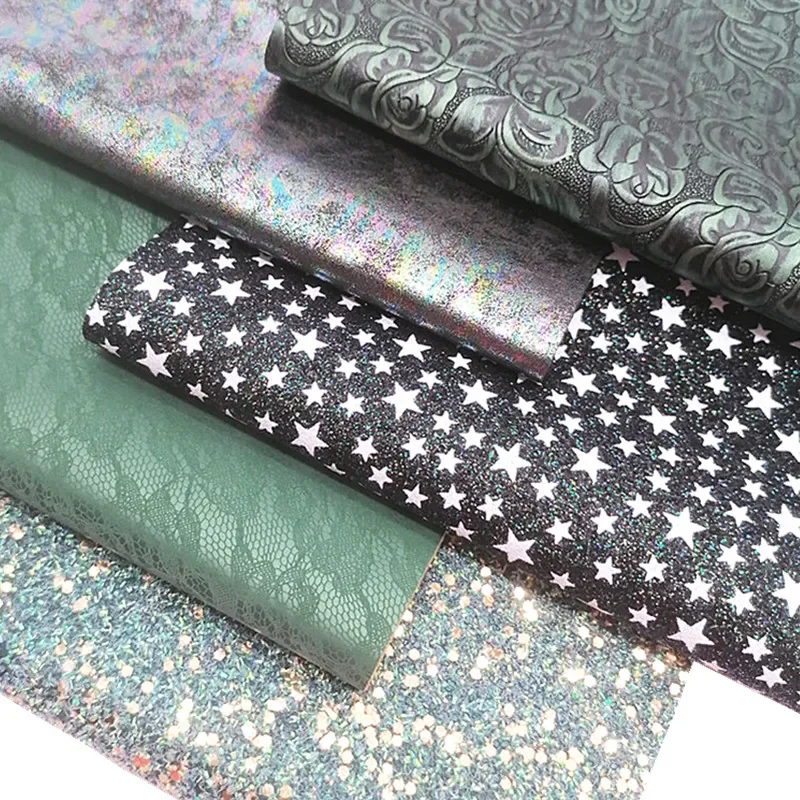 Dark Green Tissel Glitter Leather Lace Synthetic Faux Fabric Roses Embossed Faux Leather White Star Glitter for DIY 21x29CM Y529