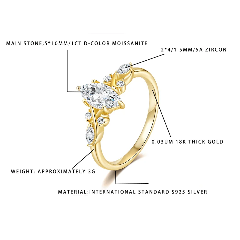 

Кольцо с муассанитом маркизы D-цвета 1 карат, 510 мм | Стерлинговое серебро S925, позолота 18 карат | 24/1,5 мм 5А Циркон Женский Модный Обручальный J