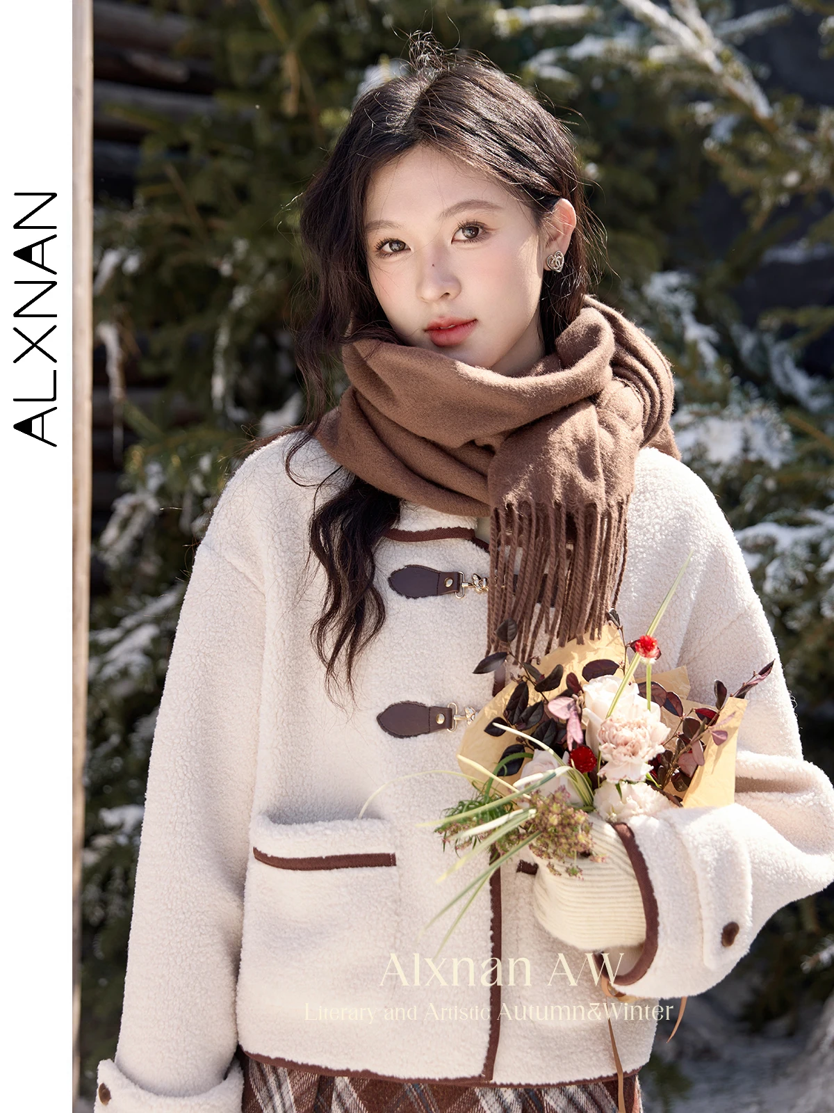 ALXNAN Women Lamb Wool Jackets Winter Warm Lapel Collar Metal Butterfly Button Coats 2024 Long Sleeve Thickness Outerwear L52386