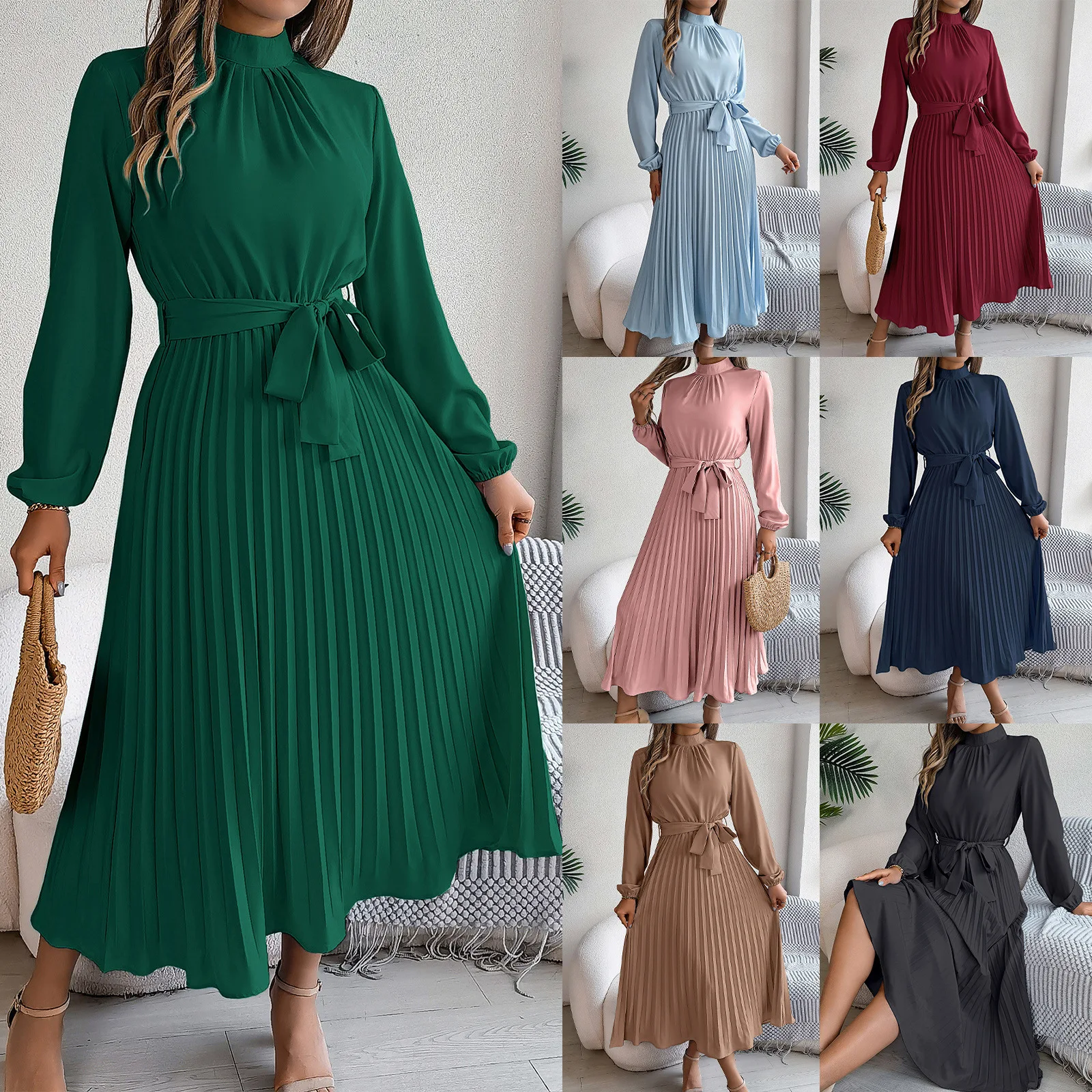 

2024 autumn and winter elegant standing collar long sleeved waist cinched pleated long skirt vestidos para ir a um casamento