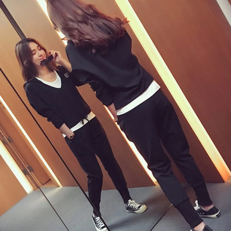 

Модный повседневный комплект-тройка для женщин больших размеров: корейский стиль, хлопковая смесь, спортивная одежда для ранней осени, стройнящий эффект