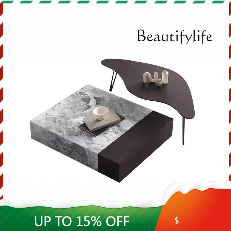 

1Light luxury living room luxury stone rock slab coffee table modern minimalist marble square tea table combination