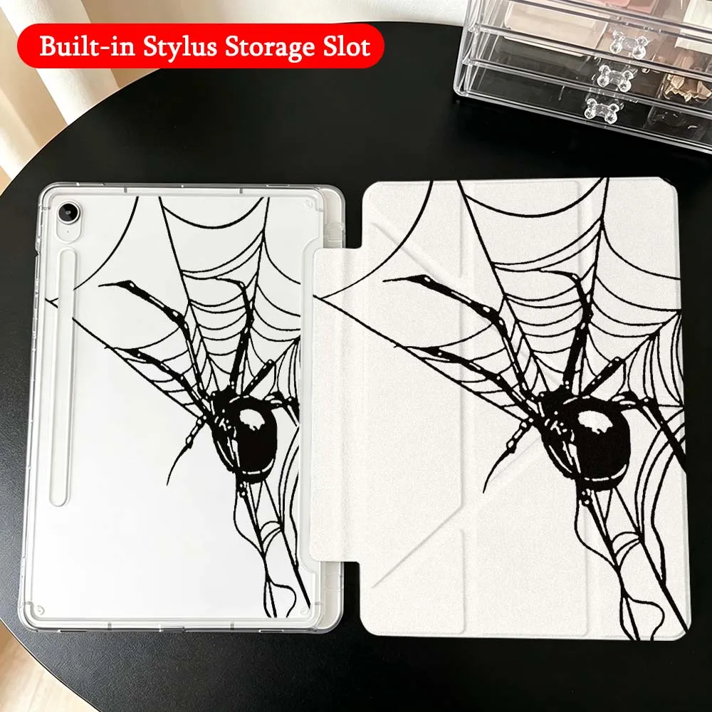 Black Spider Web Art For Samsung Galaxy Tab A9 A8 A11 S6 S7 S8 S9 S10 FE Plus Lite Transparent Y-Shaped Folding Tablet Case