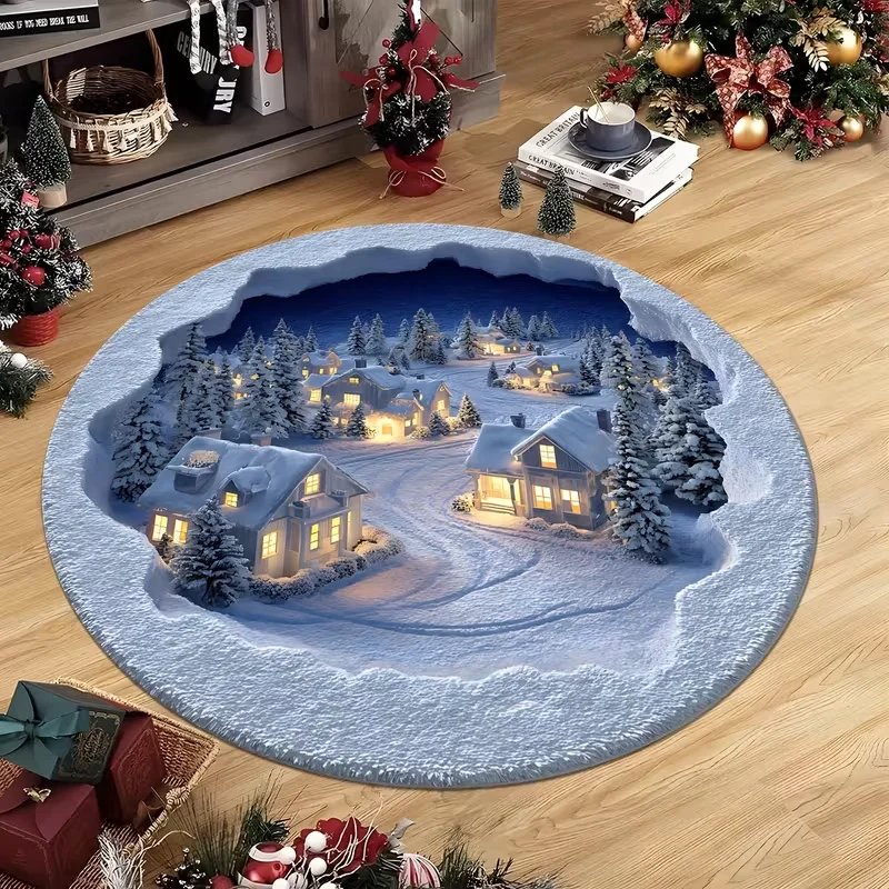 Christmas Snow Town 3D Optical Illusion Round Rug, Snowy Winter Village Spiral Staircase Print, Household Decor Carpet