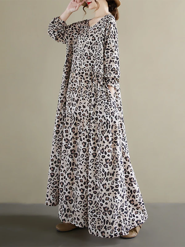 Gaun Maxi Motif Leopard Kasual untuk Wanita Ukuran Plus, Longgar, Lengan Panjang, Kerah Bulat, Cocok untuk Musim Panas, Gugur, Jalan-Jalan, Liburan